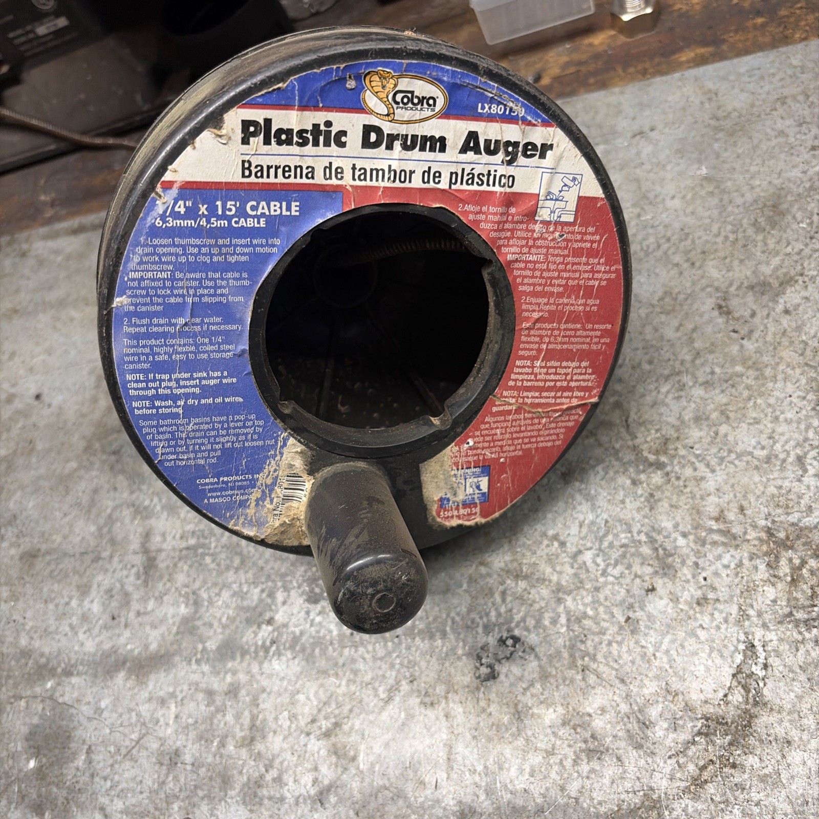 CORBRA LX80150 PLASTIC DRUM AUGER 1/4" X 15' CABLE