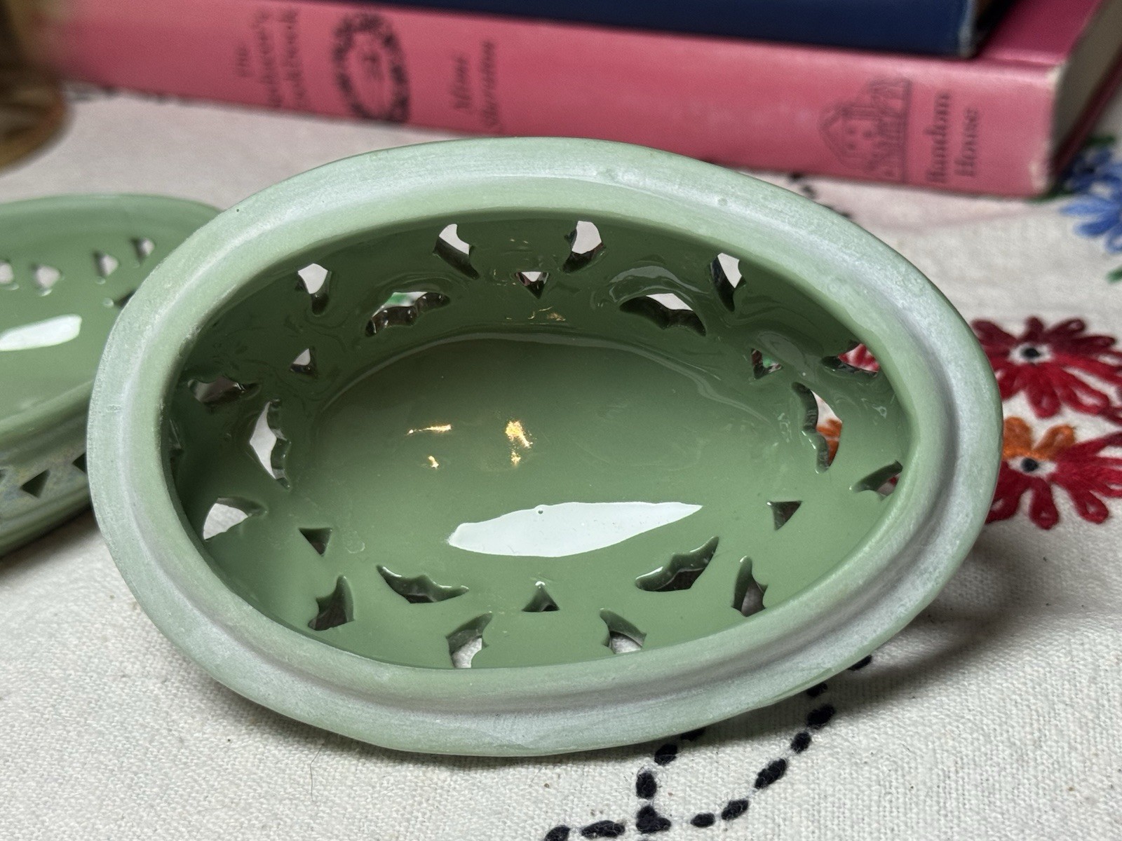 Green Lusterware Floral Easter Egg Shaped Porcelain Trinket Box with Lid