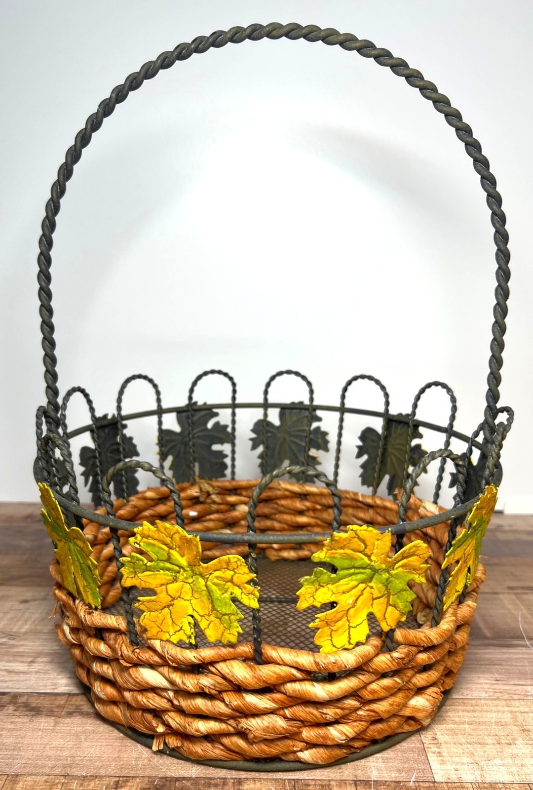 Woven Metal Basket With Yellow Leaf Accents & Mesh Base