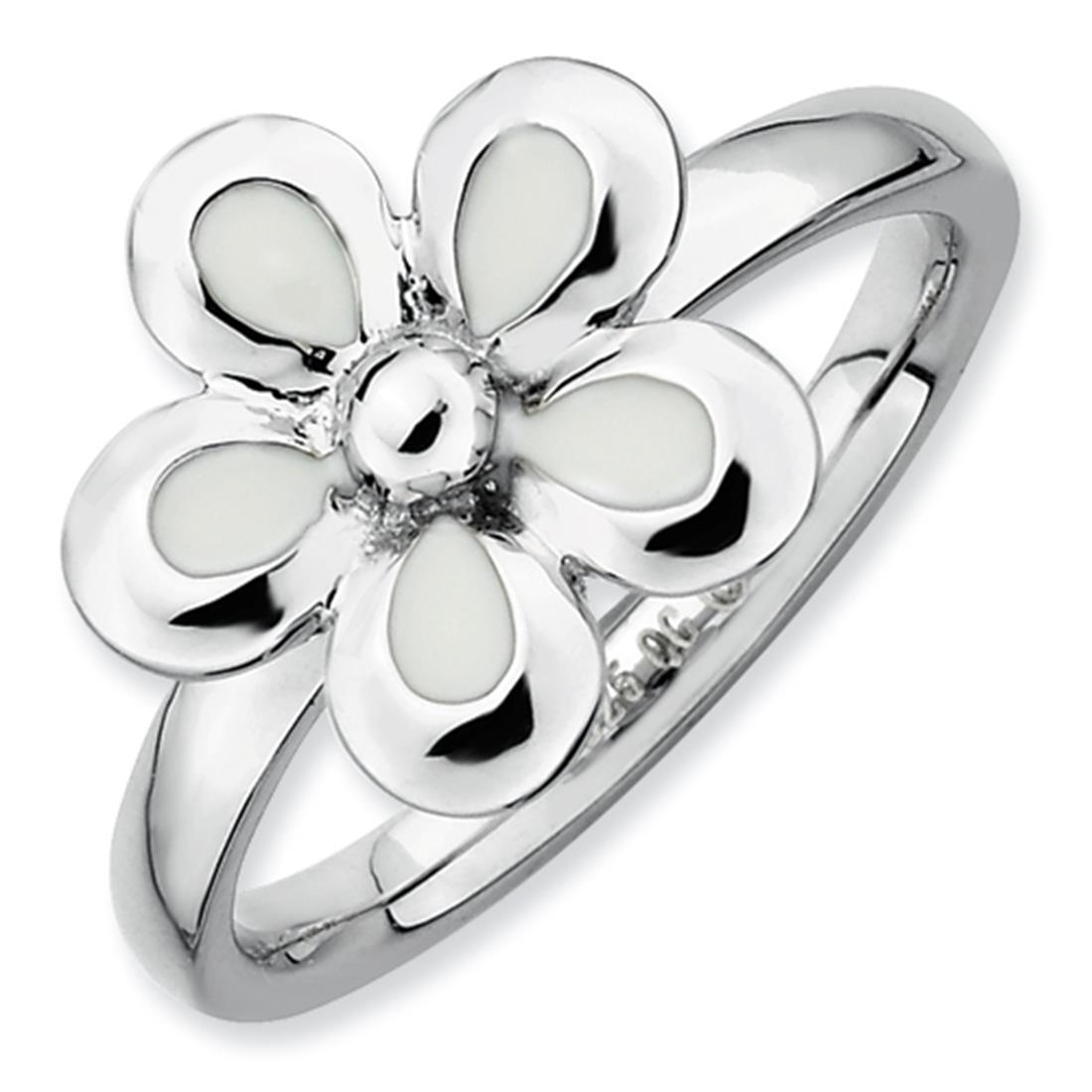 925 Sterling Silver Stackable Polished White Enameled Flower Ring SZ 7