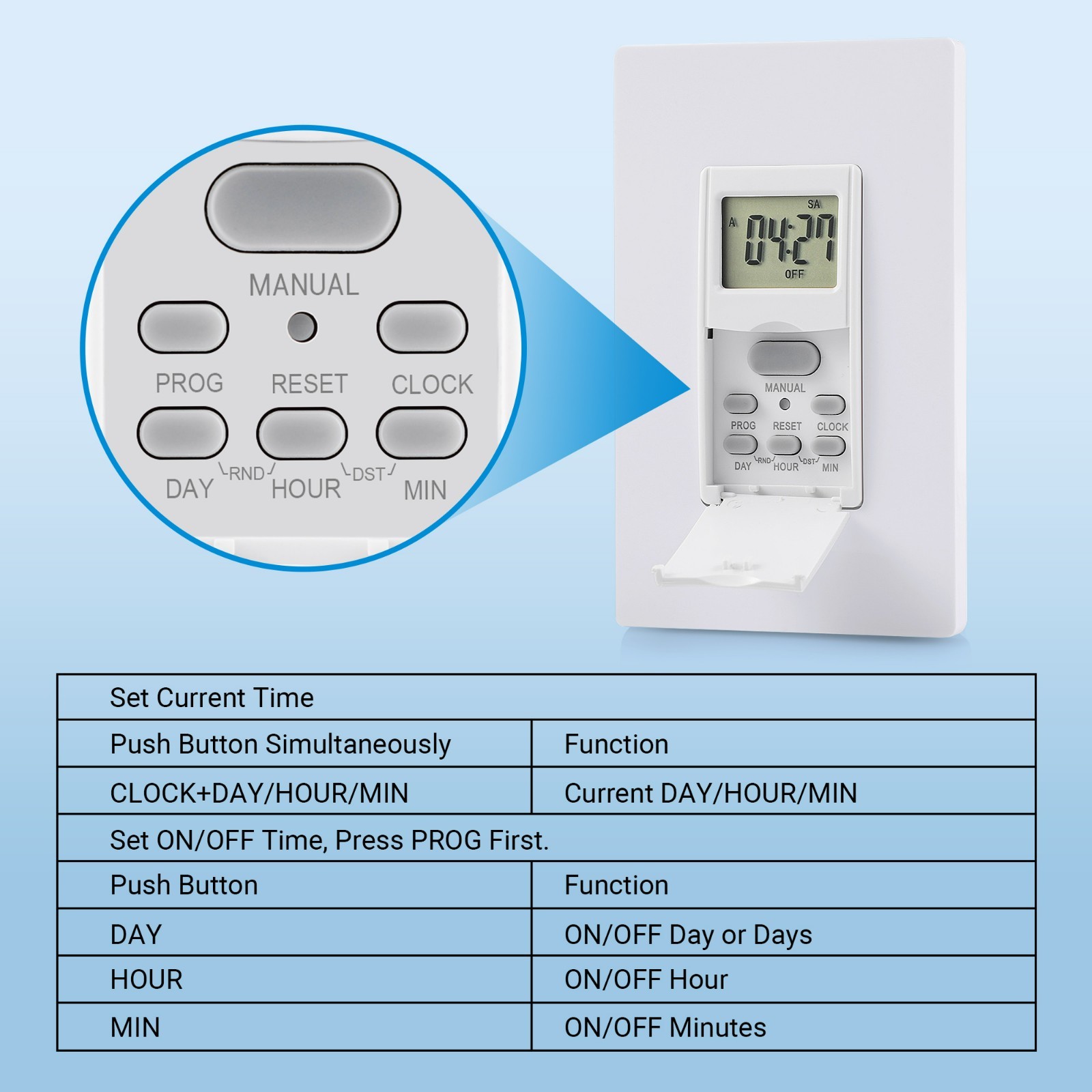 7-Day Programmable In-Wall Timer Switch, Digital, Random Mode, Neutral Wire Requ