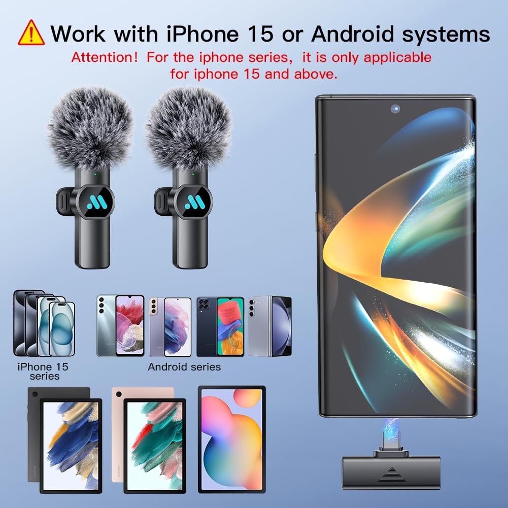 2pcs Lavalier Wireless Microphone for iPhone 15/16/Android Video Recording,Mi...