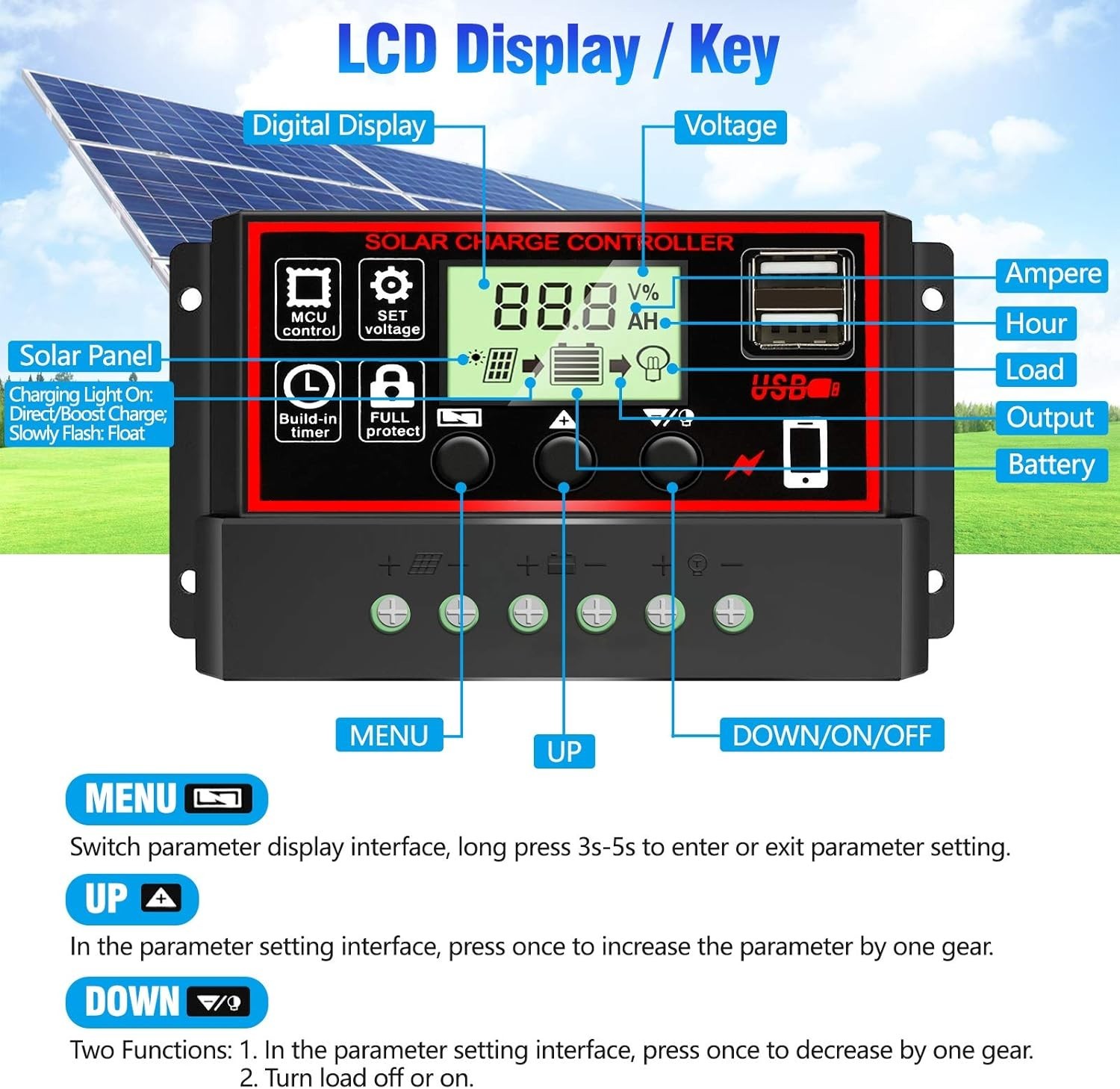 30A PWM Solar Charge Controller with Dual USB & LCD Display for 12V/24V Systems