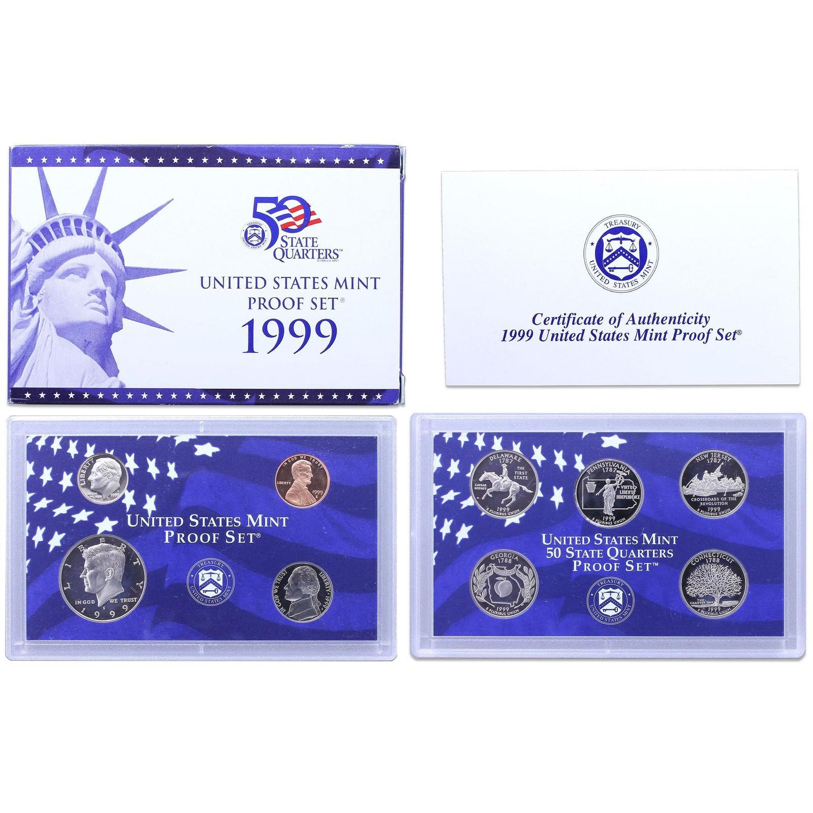 1999 S Proof Set Original Box & COA 9 Coins CN-Clad