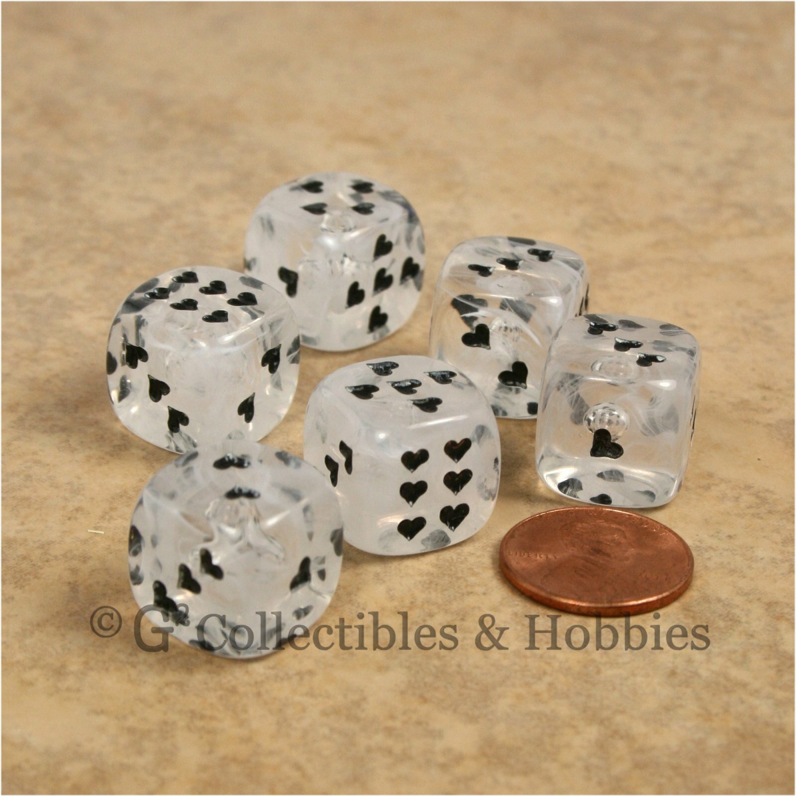 NEW 6 Clear Cirrus Swirl w/ Heart Pips Dice Set 16mm Six Sided RPG D&D Game D6