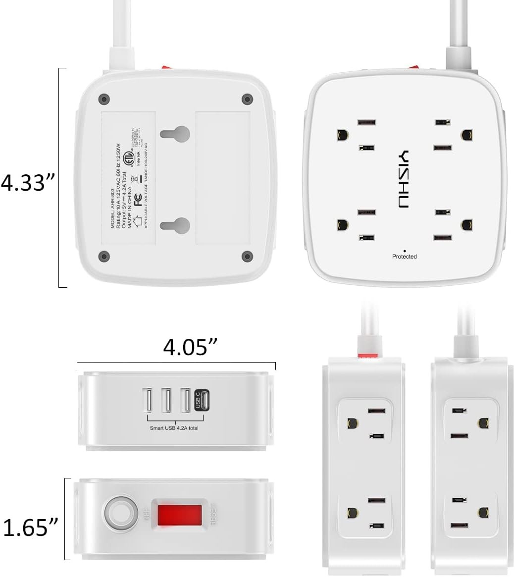 6ft Surge Protector Power Strip, 8 Outlets + 4 USB, Flat Plug Wall Mount