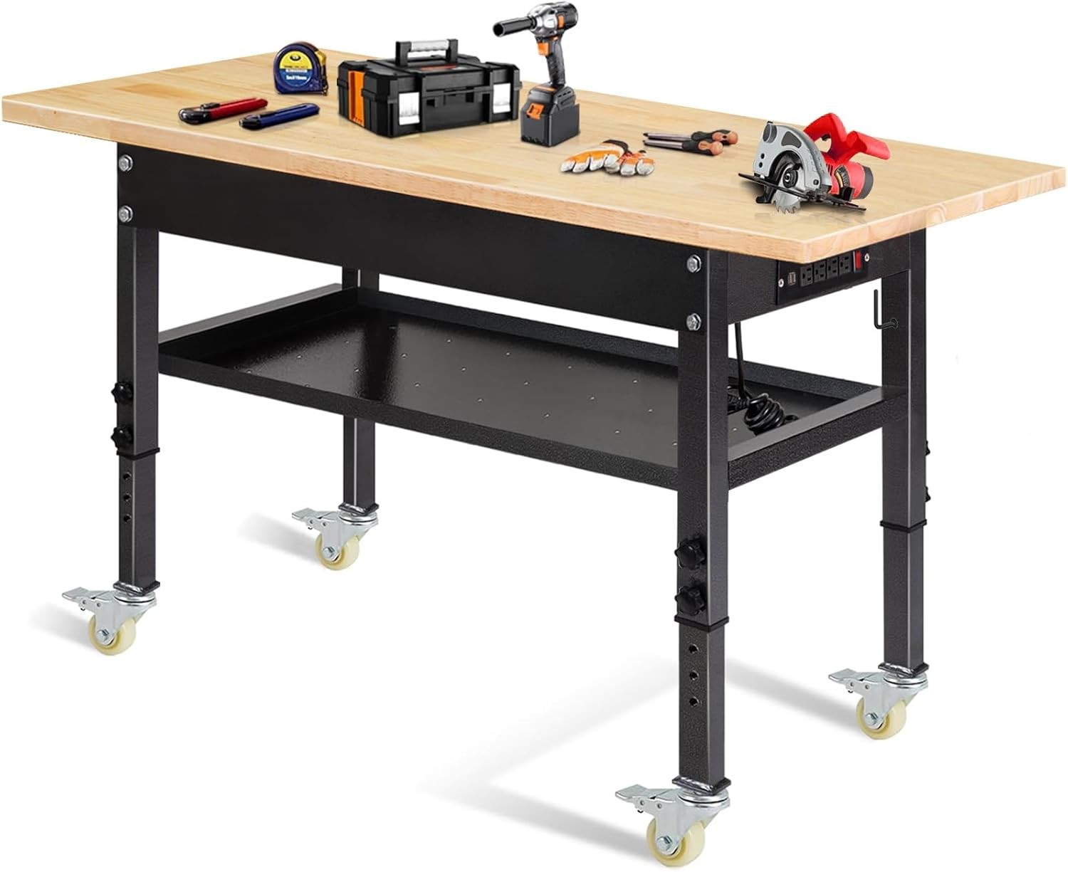48"/60'' Adjustable Workbench Rubber Wood Top Work Bench Heavy-Duty Work Table