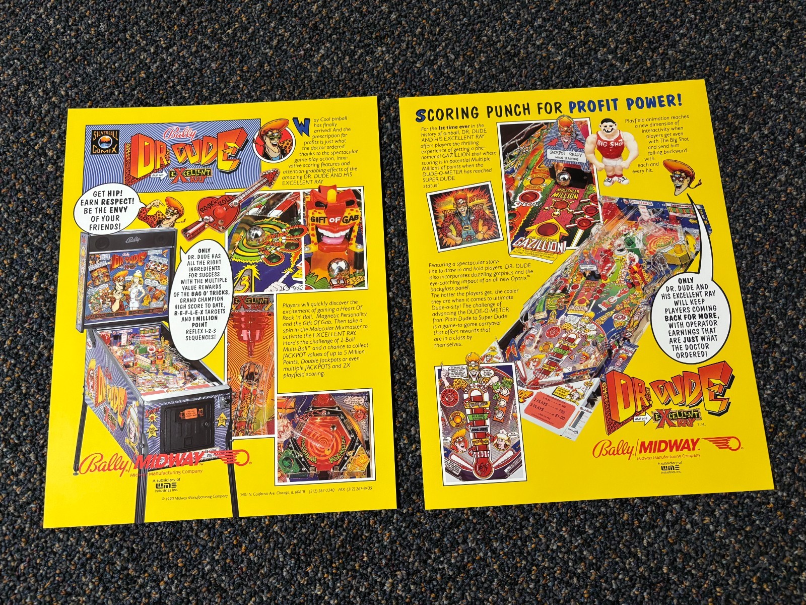 2 1990 FACTORY ORIGINAL BALLY DR. DUDE PINBALL PROMO SALES FLYER NEW
