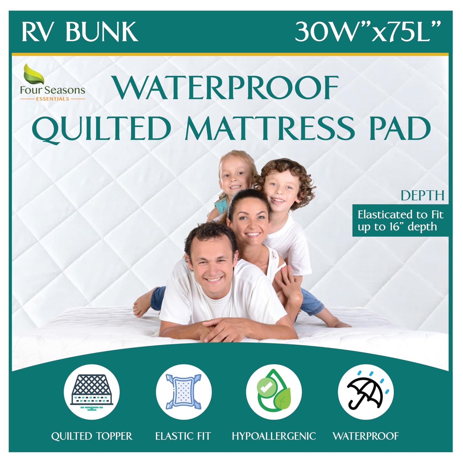 RV Bunk Size Waterproof Mattress Pad - Fitted (30" x 75"), White