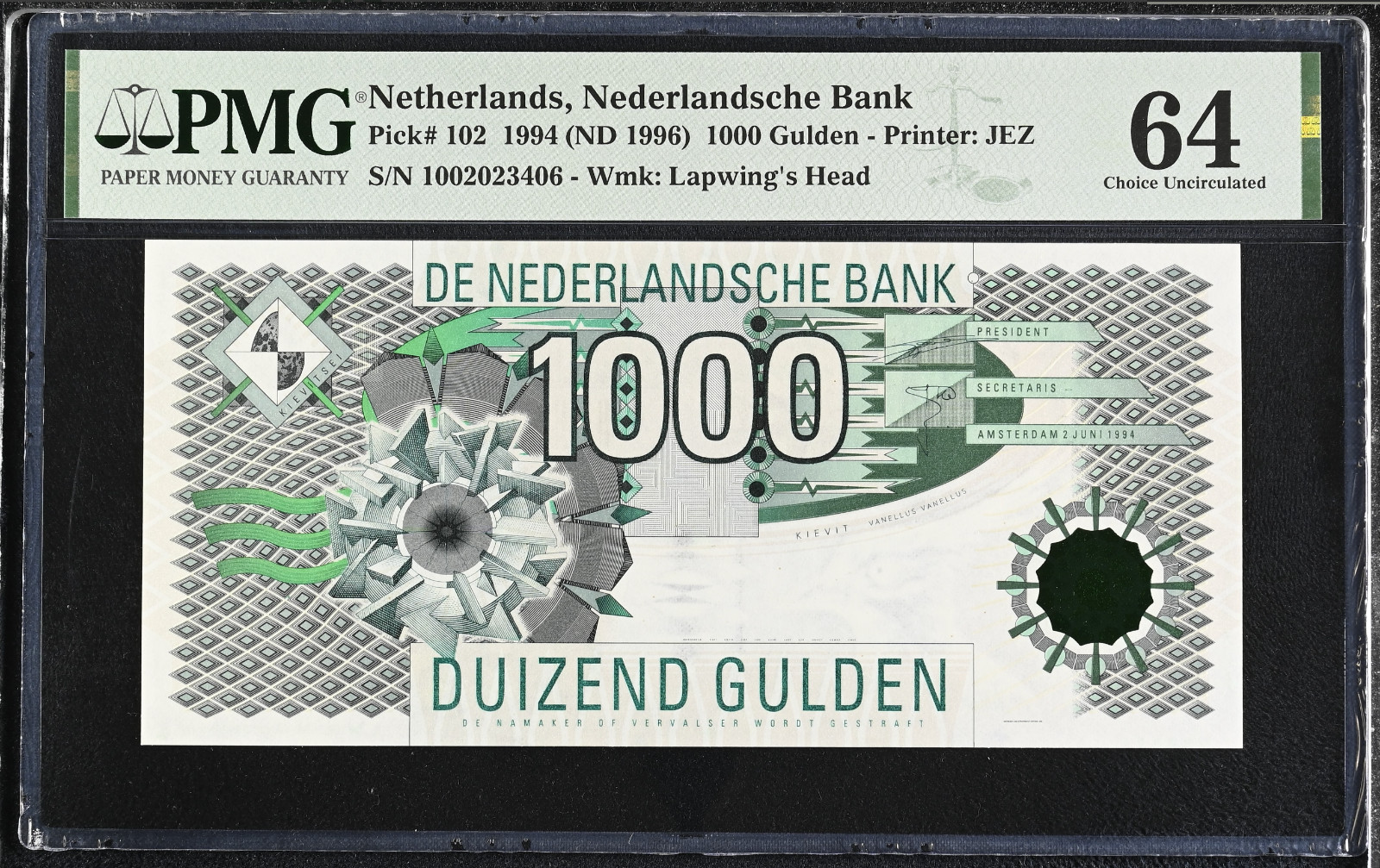 Netherlands 1000 Gulden Pick#102 1994 (ND 1996) PMG 64 CU Kievit Note Pre Euro.