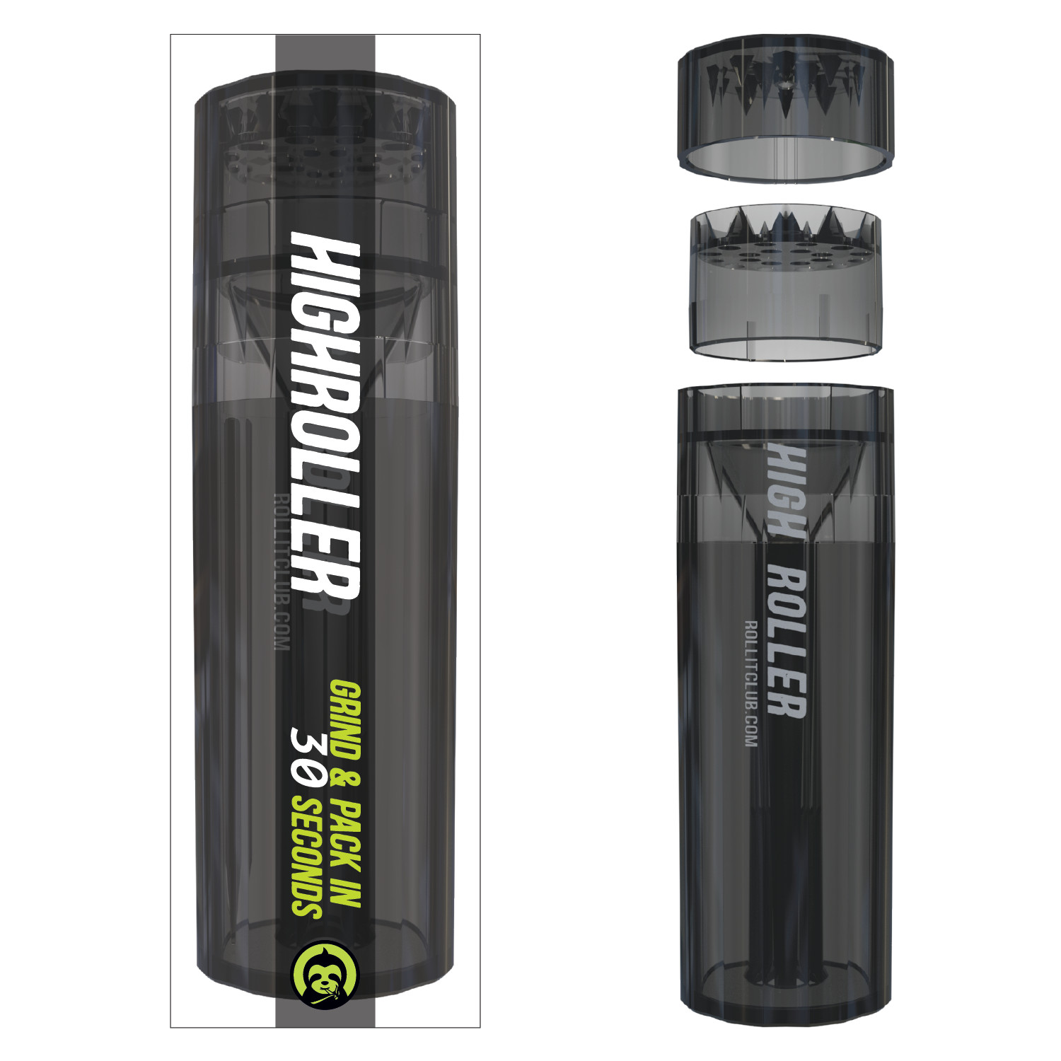 CLEAR HIGHROLLER Herb Grinder & Cone Loader | Portable Pre Roll Cone Filler | SM