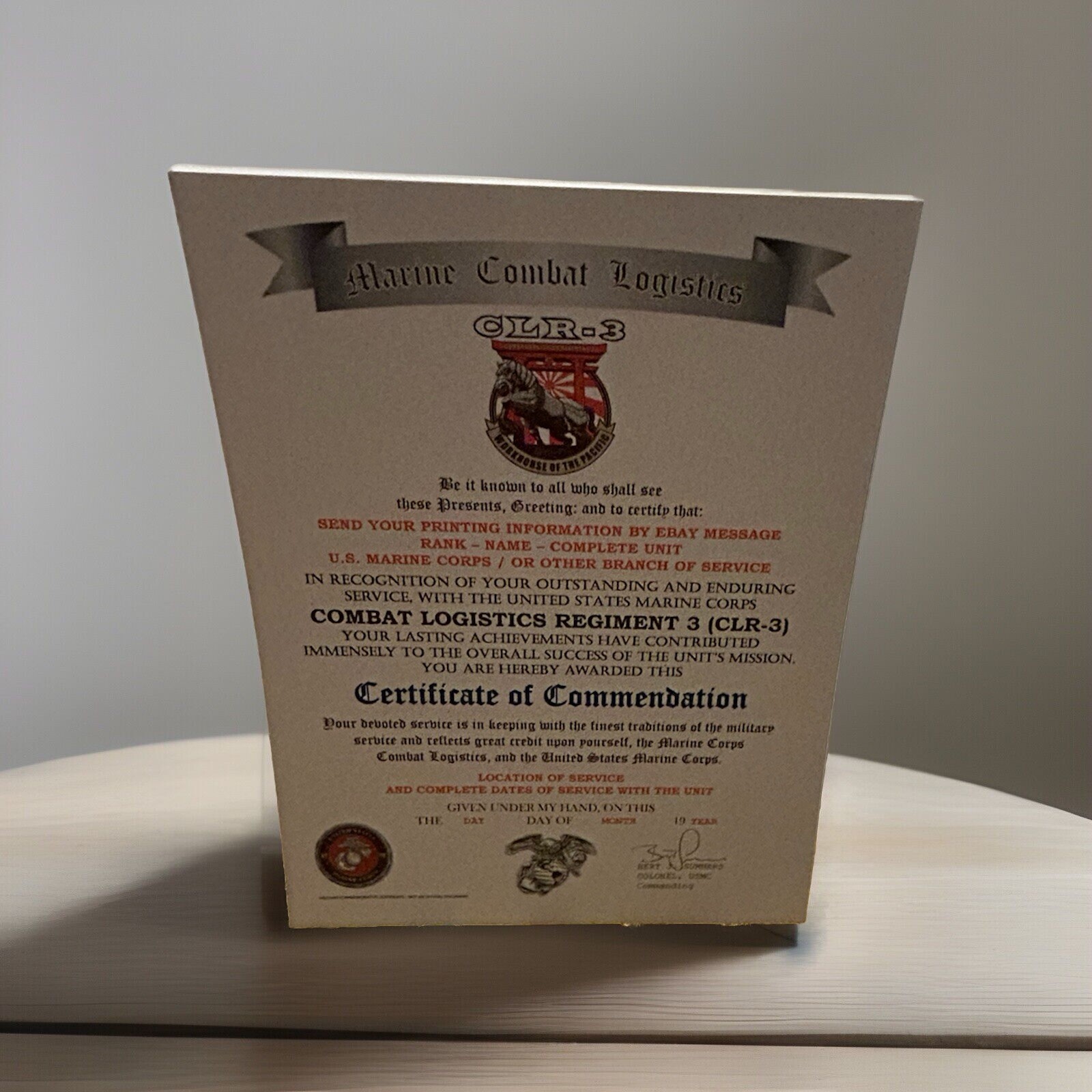 U.S.M.C. / COMBAT LOGISTICS REGIMENT 3 (CLR-3) CERTIFICATE OF COMMENDATION