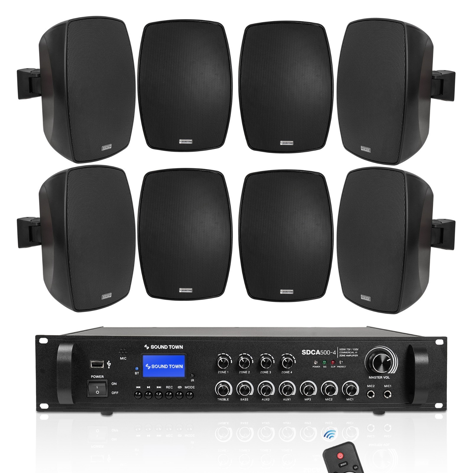 Sound Town 4-Zone Amplifier & 8x IP55 130W Surface-Mount Speakers SDCA500X8VL6B