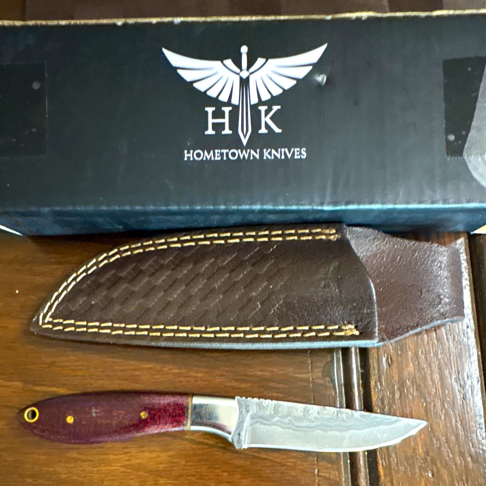 Hometown Knives HK Hunting Fixed Knife Damascus Wood Handle+Sheath