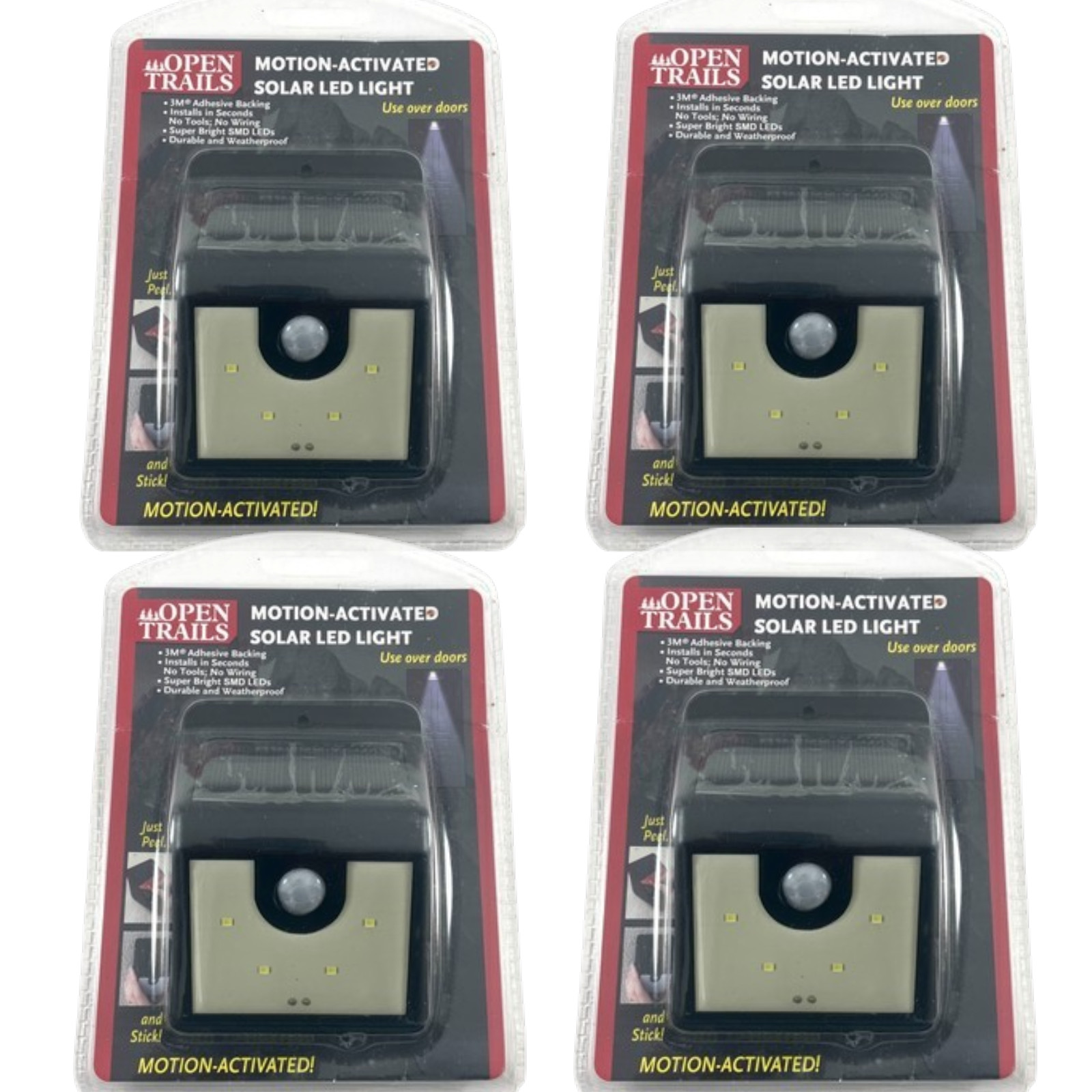 (4-PACK) Motion Activated Solar LED Light by Open Trails Installs in Seconds New