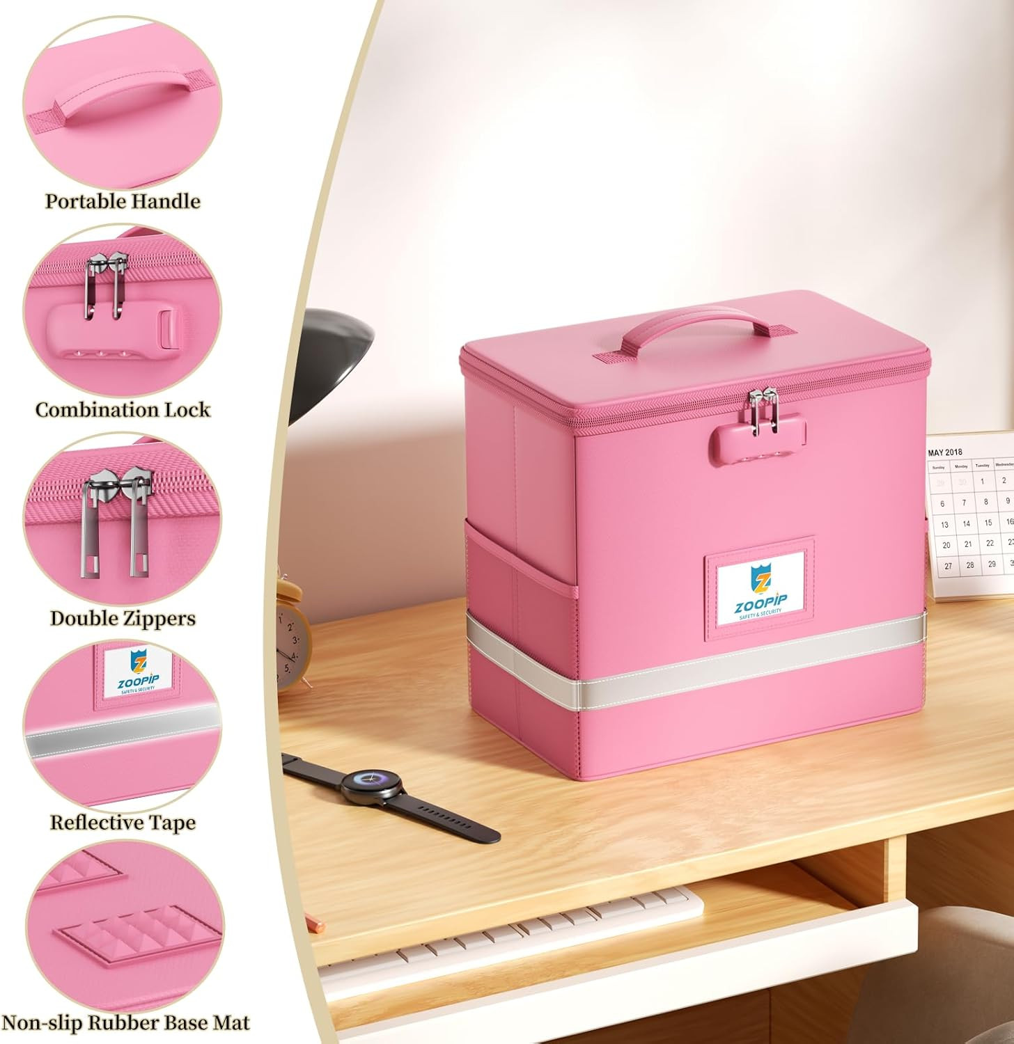 Fireproof File Box with Lock Document Box Storage Organizer(12.2"*6"*10.2 Pink)