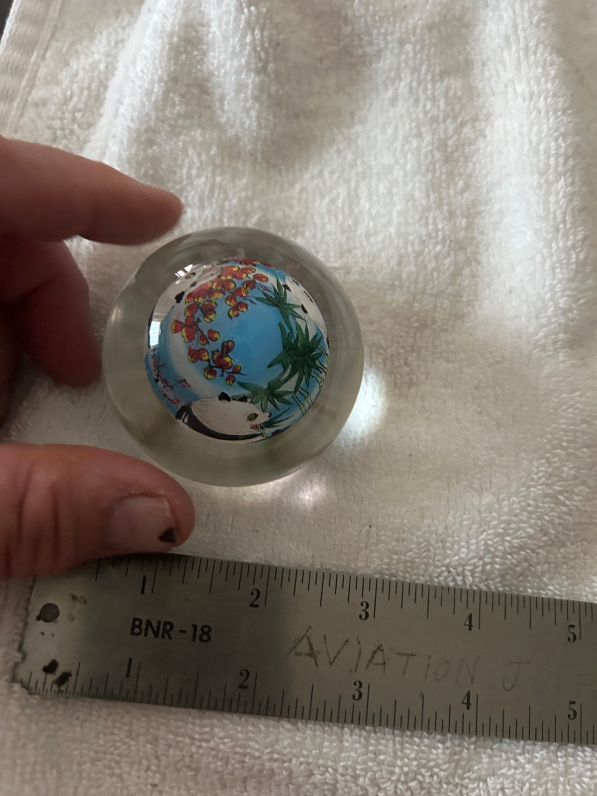 reverse hand painted art glass globe  panda family