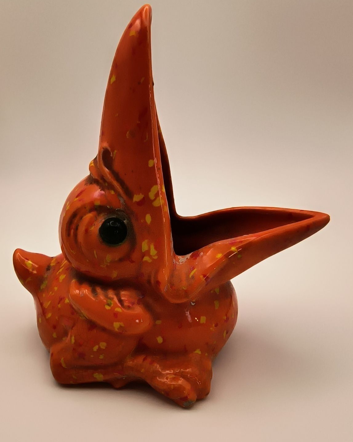 Vintage Hand-Painted Ceramic Orange Bird Planter Ashtray Green Glass Eyes