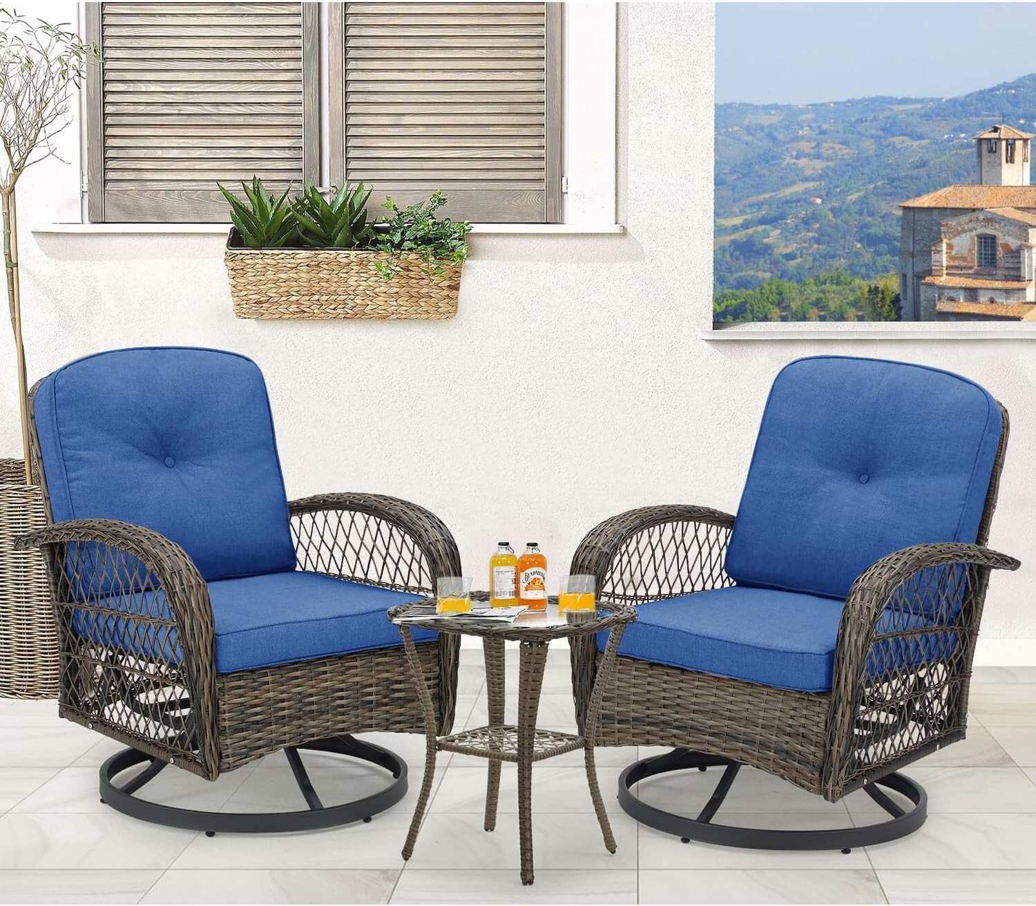 Rattan Conversation 3 Pc Furniture Set Patio BLUE Chairs All Weather Outdoor