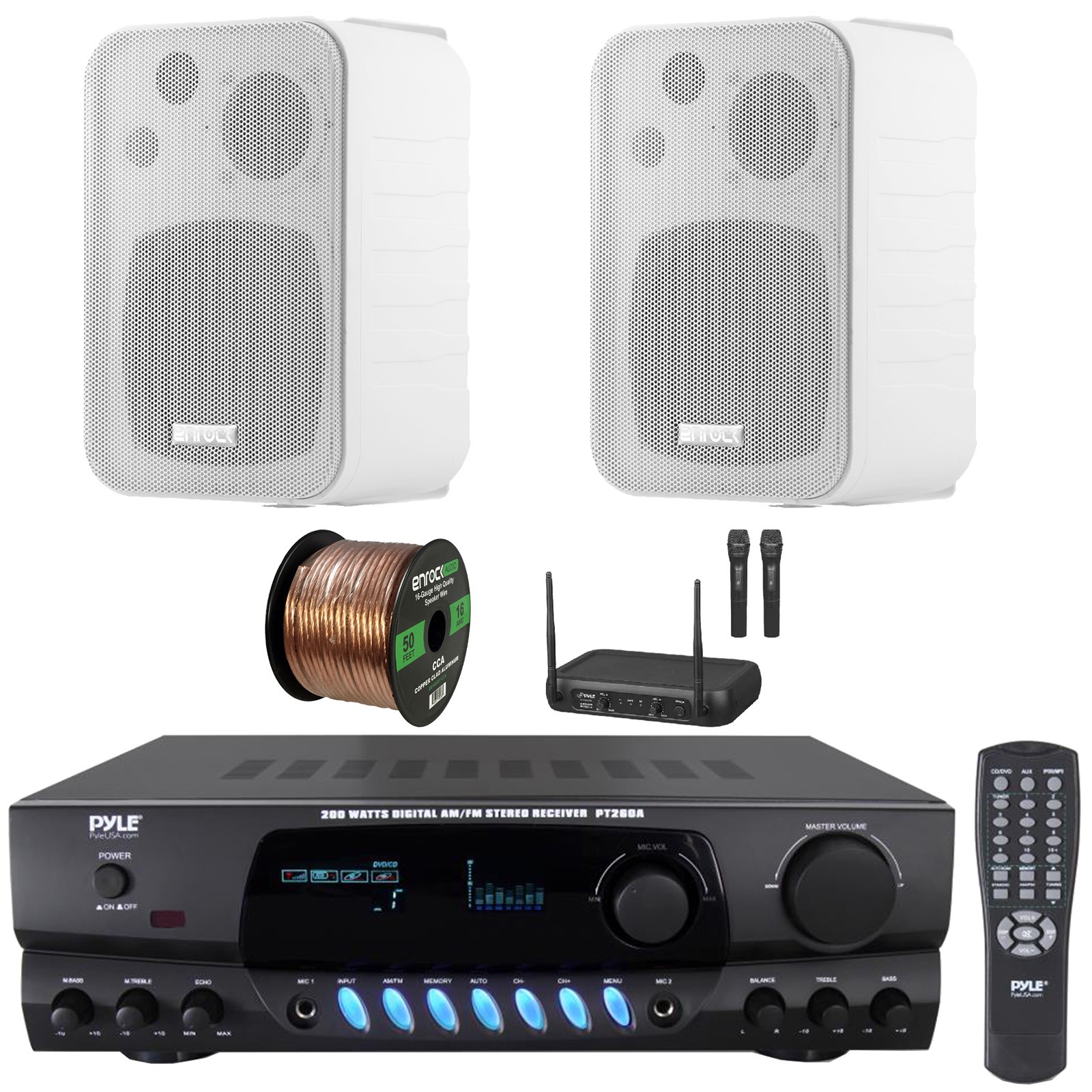 Pyle PT260A Audio Receiver, 2x 4" 30W Max Indoor/Outdoor Speakers, Mic System