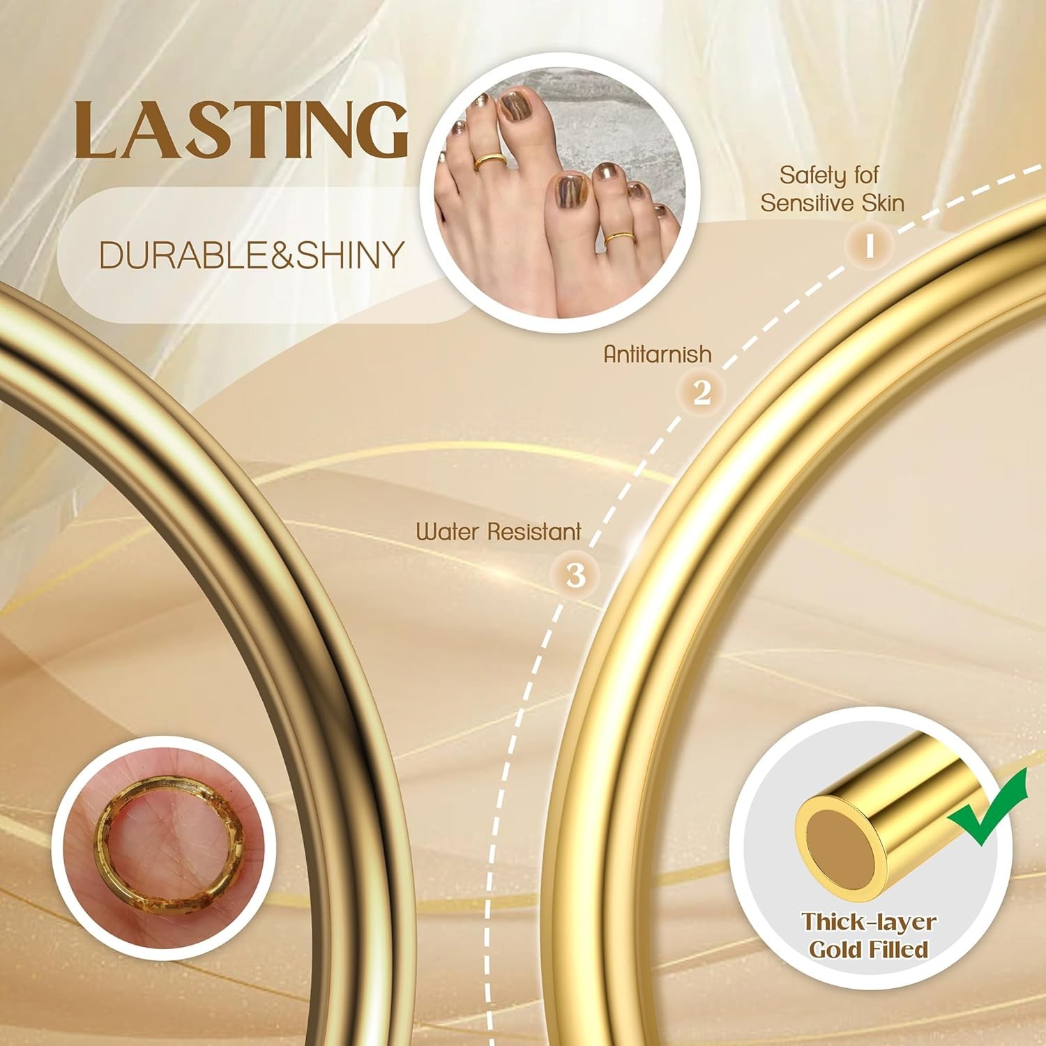 HAIAISO 14K Gold Filled Toe Rings Adjustable Open Cubic