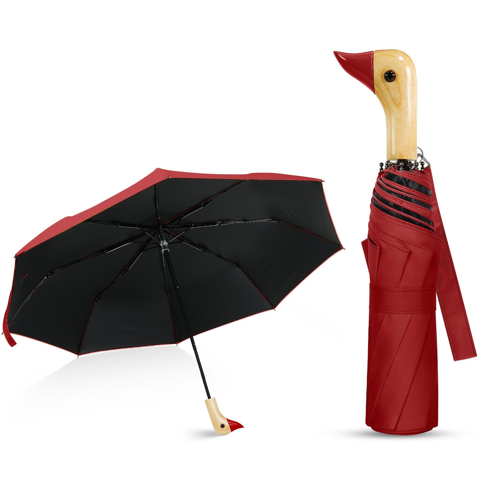 UPF50+ Compact Duck Umbrella - Wooden Duck Handle UV Blocker Folding Parasol ...