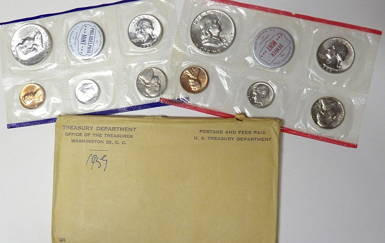 1959 U.S. Mint Uncirculated Set 10 Coins Philadelphia Denver BU Franklin Halfs