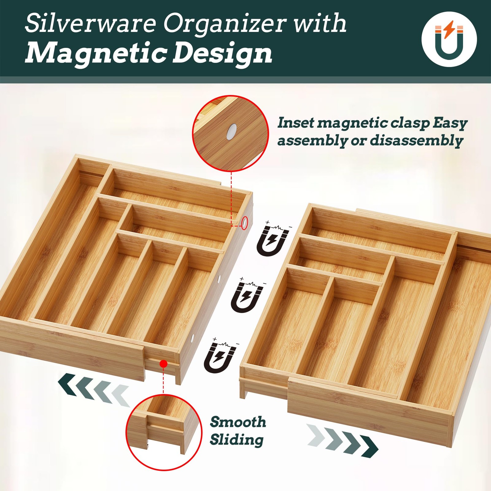 Silverware Organizer Large, Magnetic Connected Expandable 13 Slots, Natural