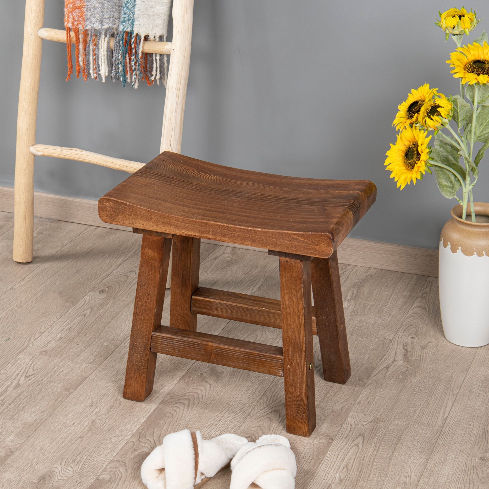 Rustic Old Pine Wooden Stool Bench Side Table Farmhouse Bedside Table 18.5" H