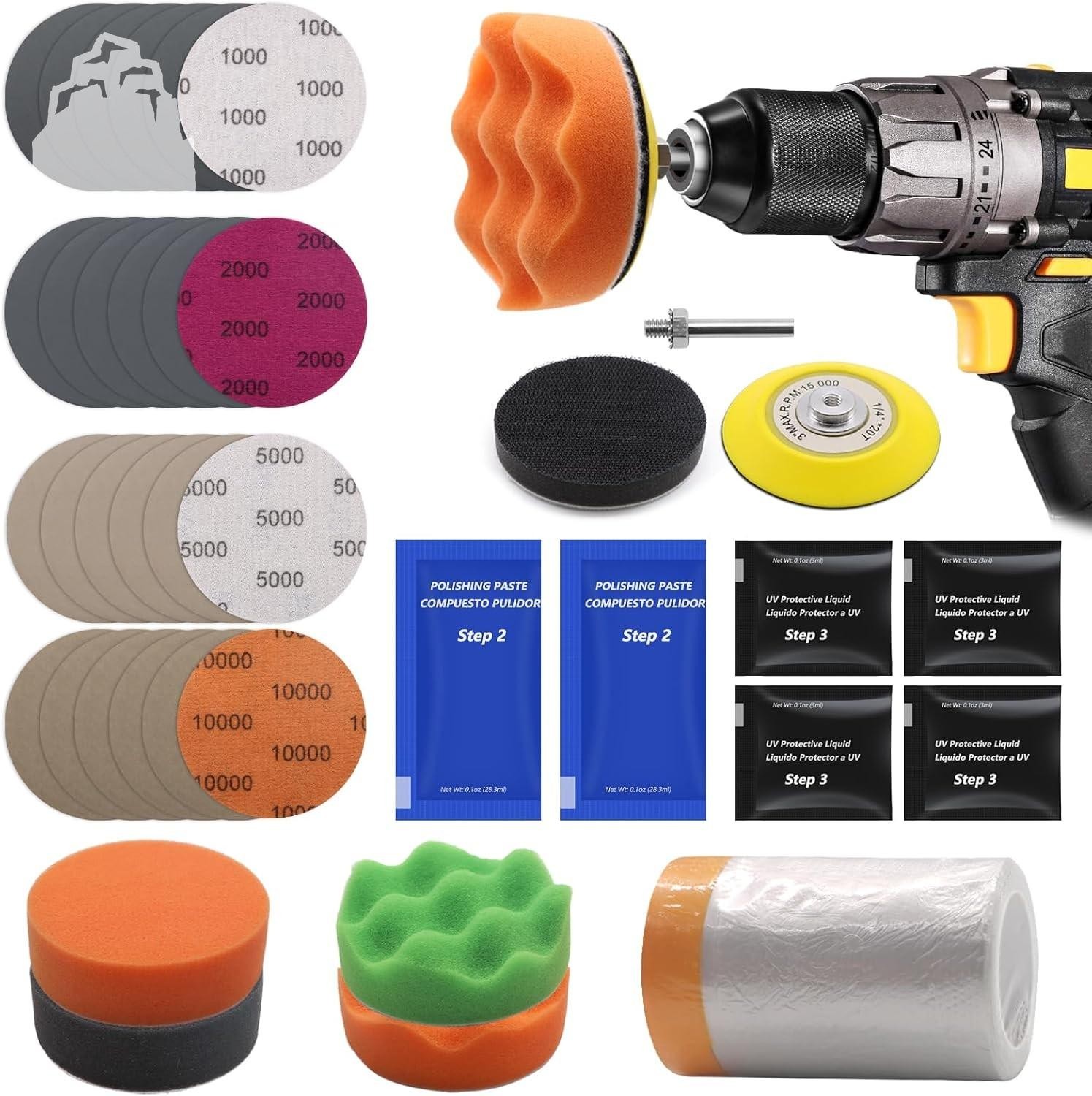 Headlight Restoration Kit 37Pc Drill Sanding Polishing Compound Set