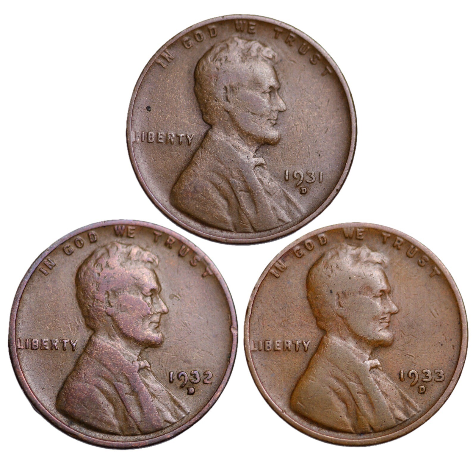 (SET OF 3) 1931-D, 1932-D, 1933-D Lincoln Wheat Cent Penny Lot Key Dates NICE!
