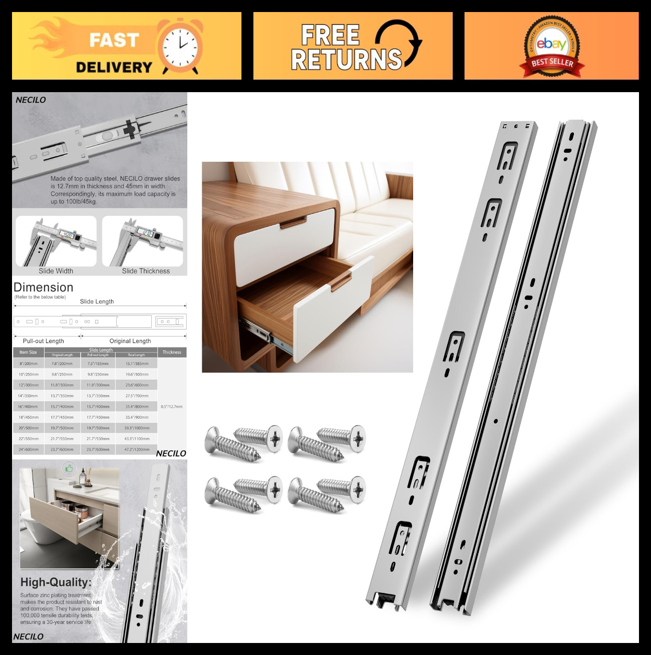 Heavy Duty Full Extension Ball Bearing Drawer Slides 24 Inch, 100 lb Capacity, S