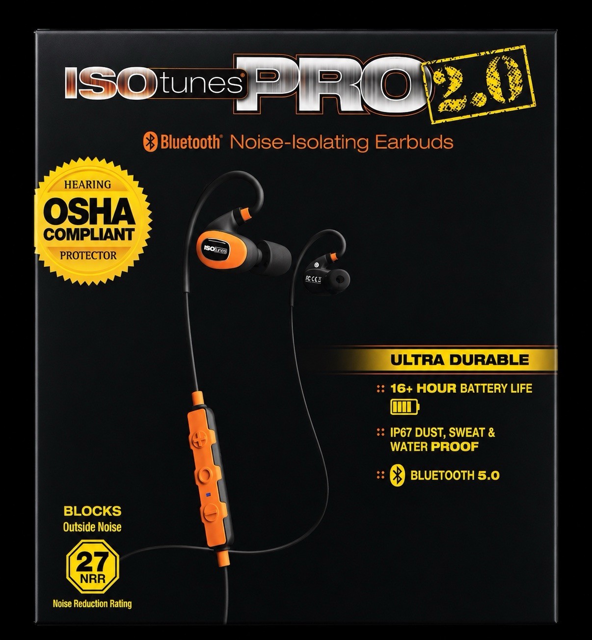 ISOtunes PRO 2.0 - Noise Isolating Bluetooth Earbuds, 27 dB NRR, Orange