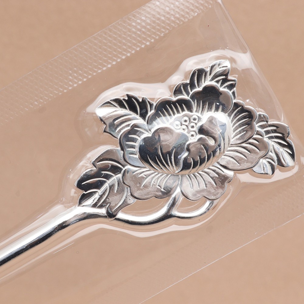 Pure S999 Fine Silver 999 Chinese Oriental Peony Flower Hairpin 29-31g 6.4inch