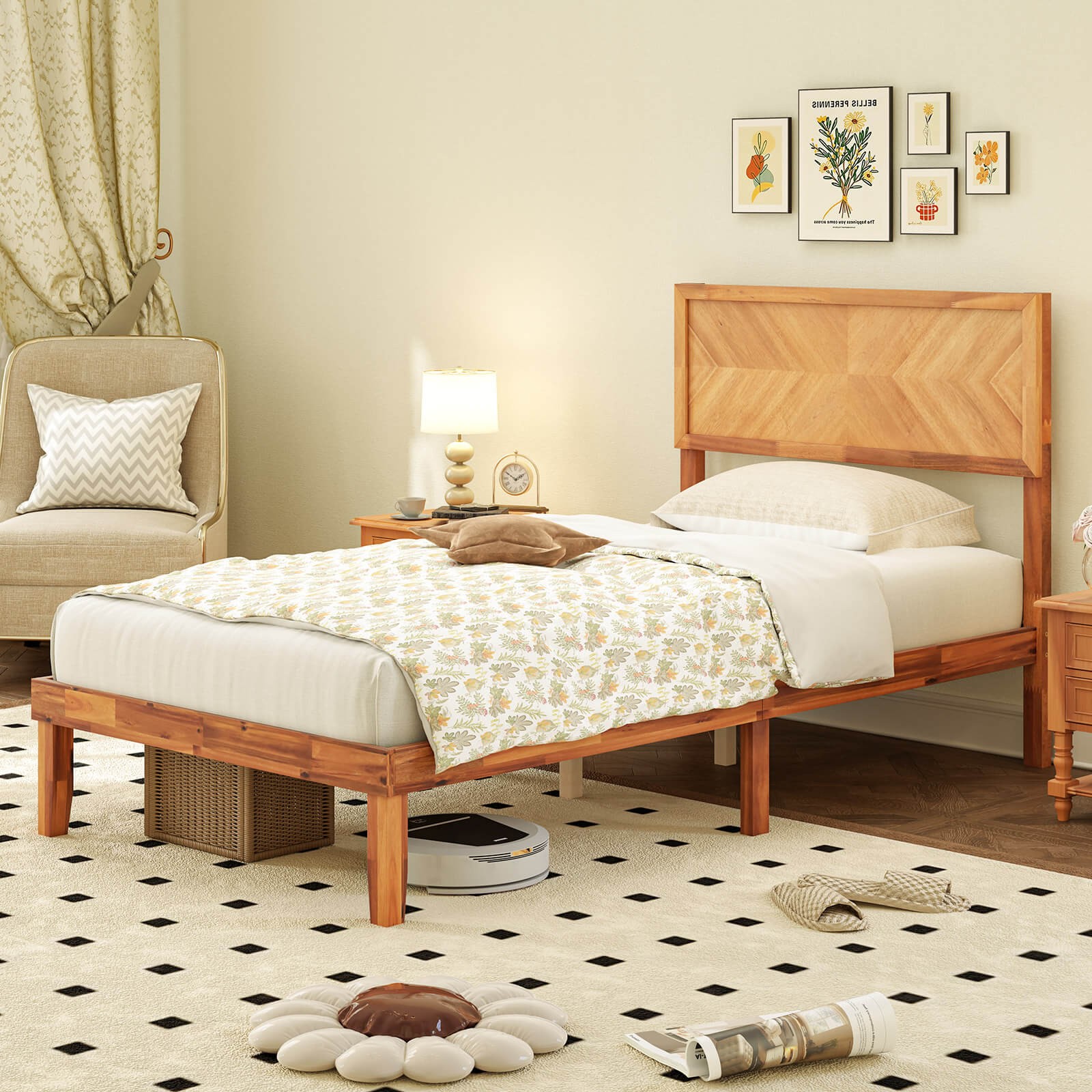Twin Size Bed Frame w/Headboard Wooden Slats Support 9" Under-bed Storage Space