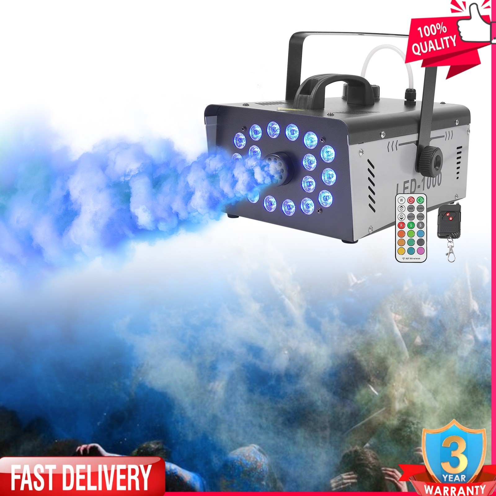 1000W Smoke Fog Machine RGB Multi Color LED DJ Xmas Stage Effect Light w/Remote