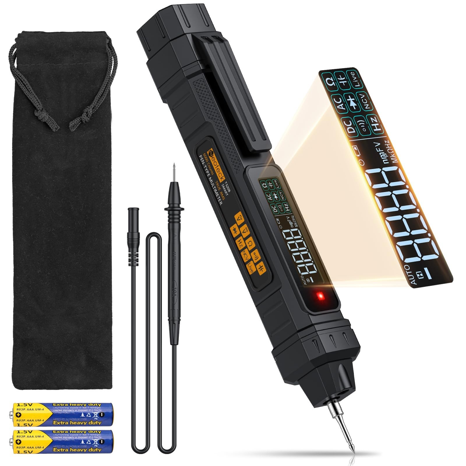 Neoteck 2 in 1 Pen Type Digital Multimeter Non-Contact 6000 Counts, Black