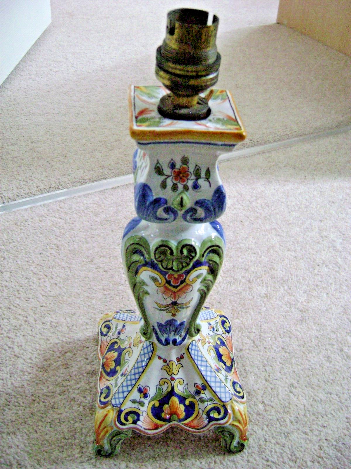 Hand painted French Faience lamp base-candle stick holder,Mosanic,Tin-Glazed