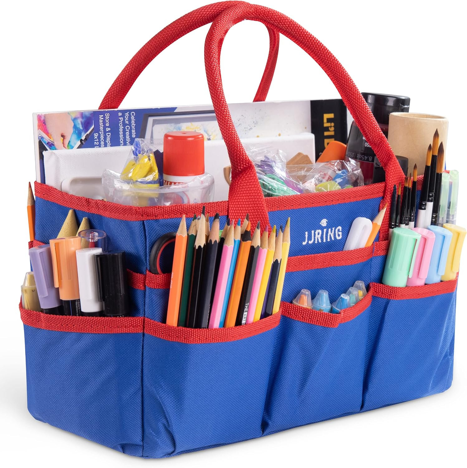 600D Nylon Craft & Art Organizer Tote Bag With Pockets, Red And Blue | Art Caddy