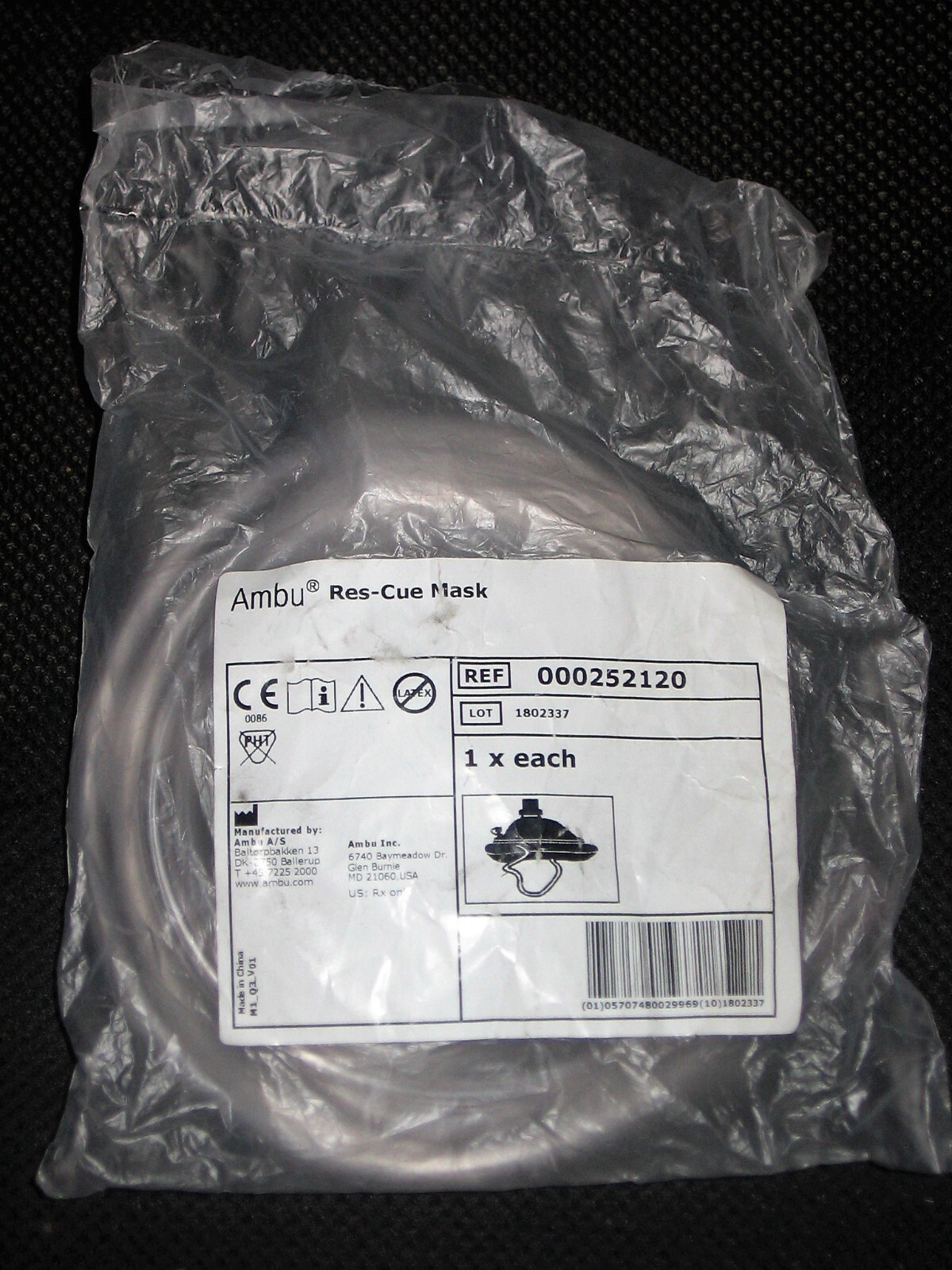 Ambu Adult Res-Cue MASK w/ Tubing Hose, Inlet, Non-Latex Elastic Face Strap NEW