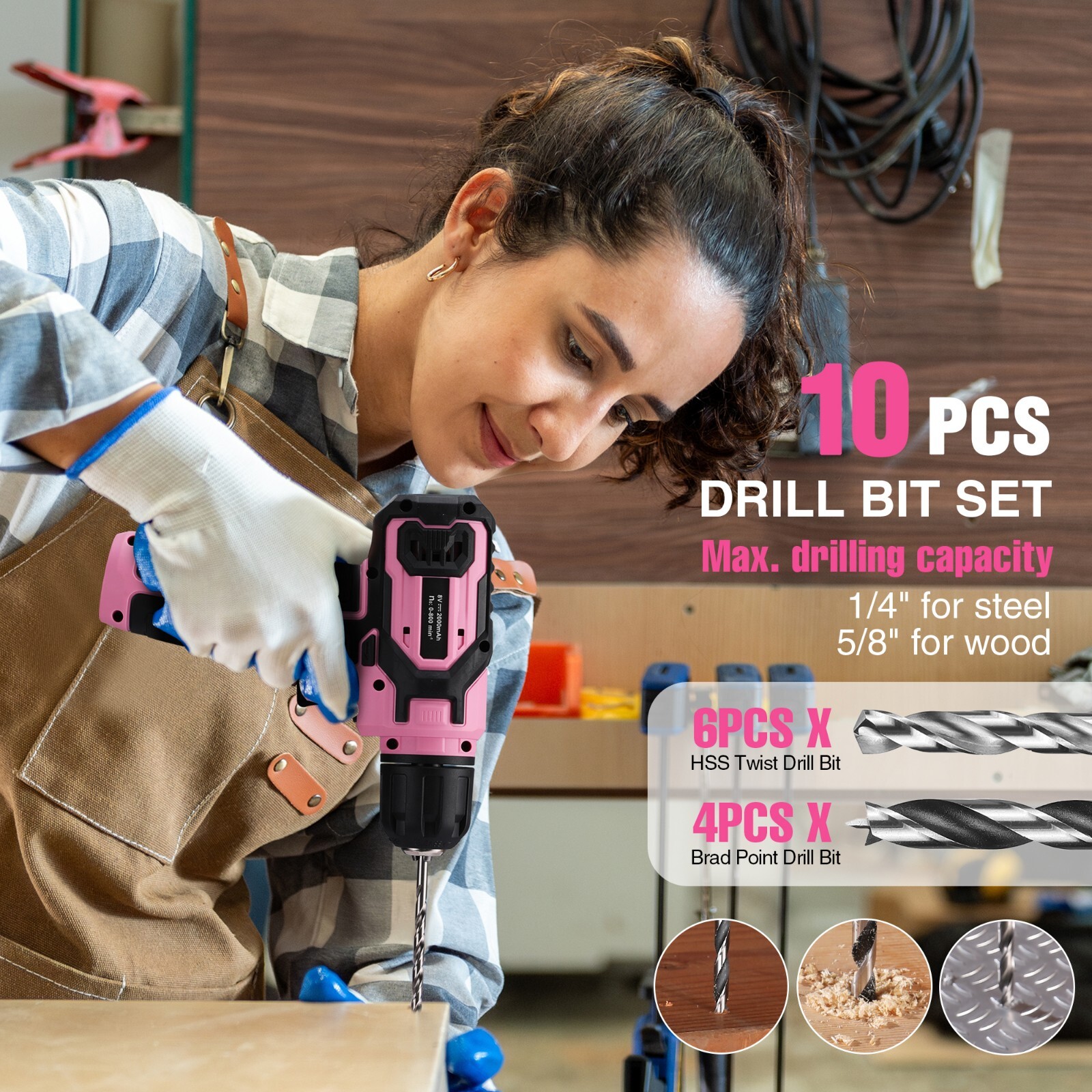 WORKPRO Power Drill Set&Stackable Tool Box, 8V Cordless Drill Driver Pink /Gray