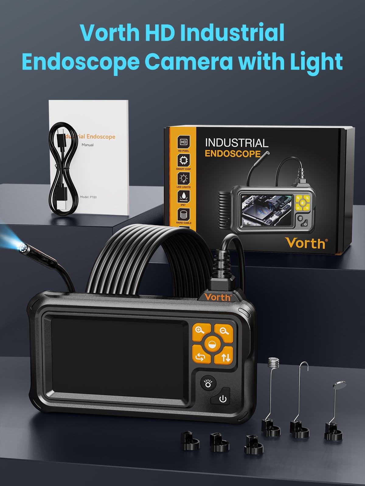 Vorth Endoscope Camera with Light, 4.3" IPS Screen 1080P Borescope with 8 LED...