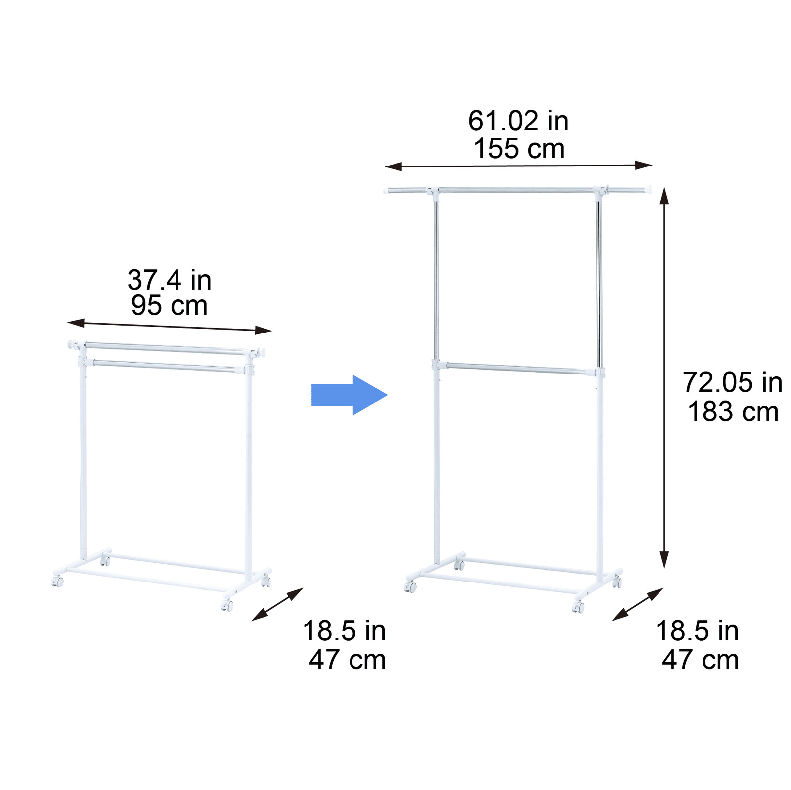 2-Shelf Garment Drying Clothes Rack - Adjustable Height, Locking Wheels, Metal