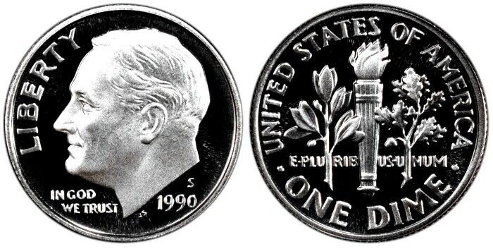 1990 S Roosevelt Dime Clad KM 195a Gem Proof From Proof Set Beautiful