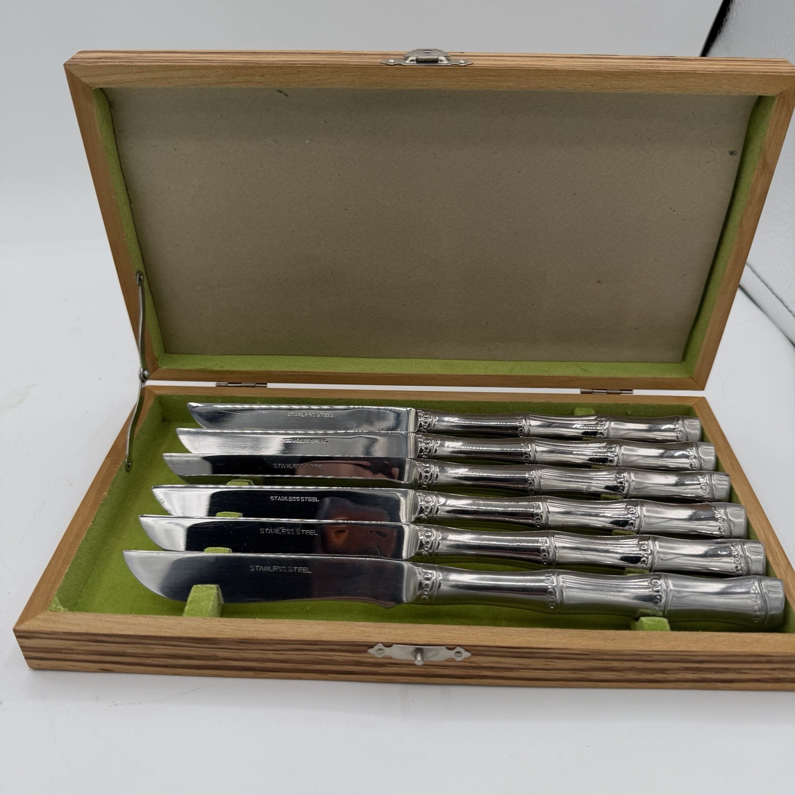 vintage bamboo-pattern stainless steel dinner knives Set Of 6 Japan In MCM Box