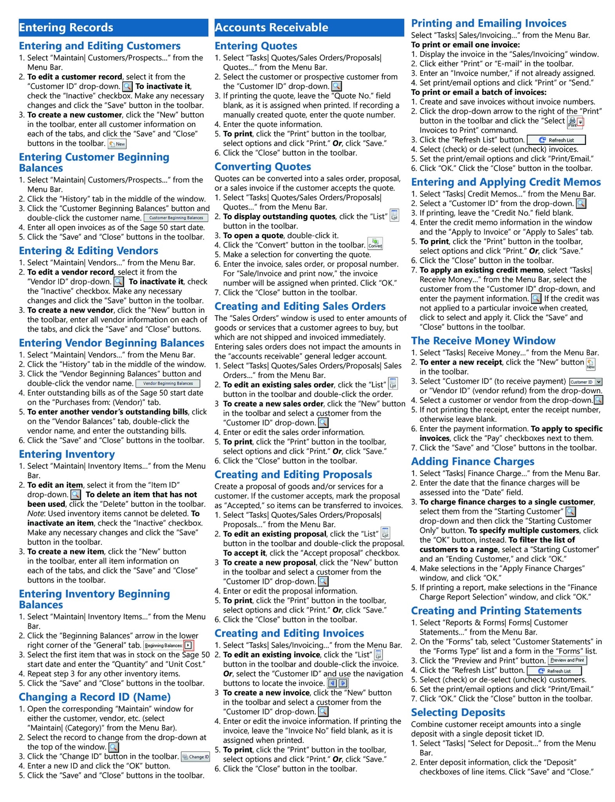 Sage 50 Training Guide Quick Reference Card 4 Page Cheat Sheet Instructions