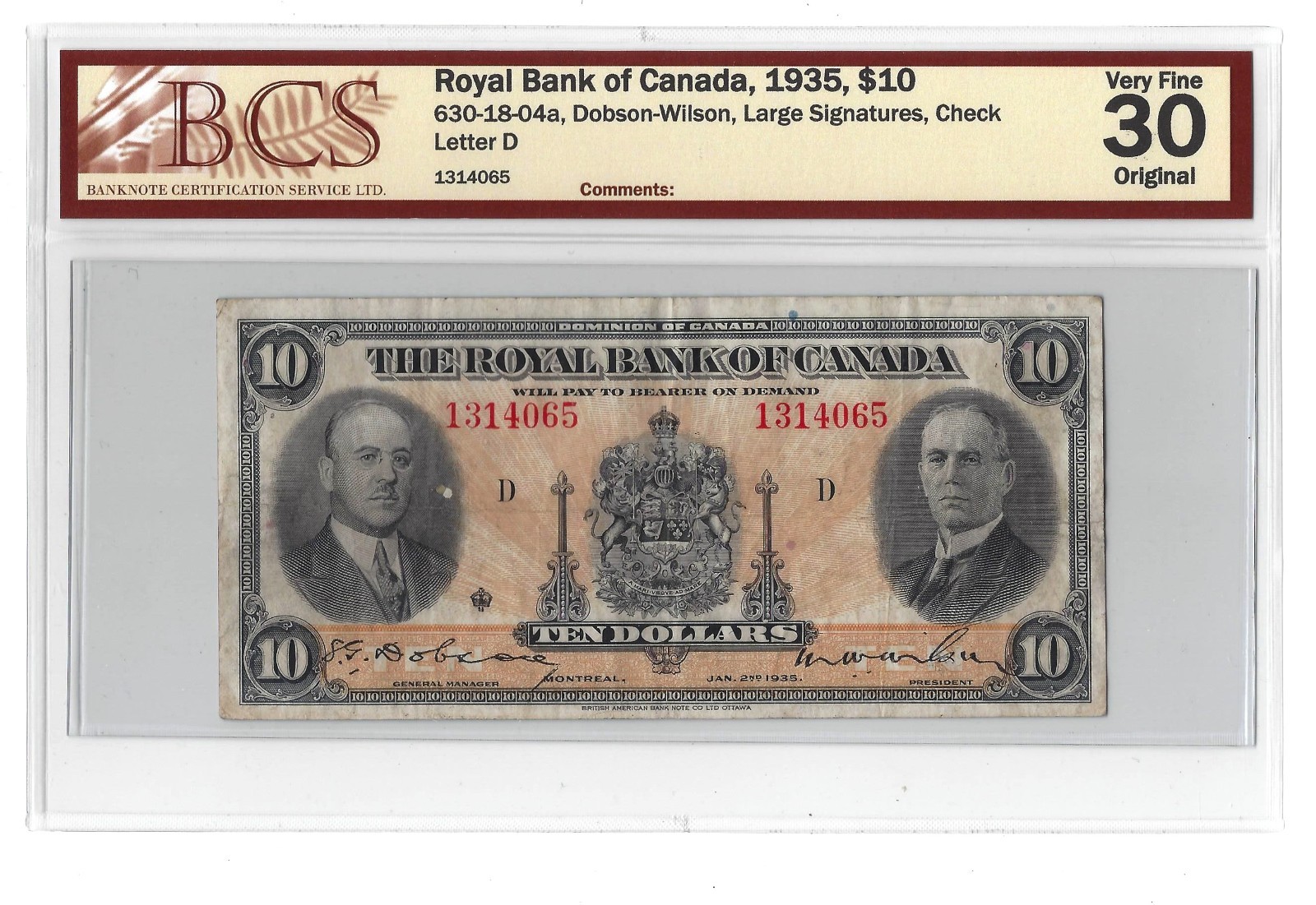 1935  The Royal Bank Of Canada $10 630-18-04a  Check Letter D  BCS VF-30