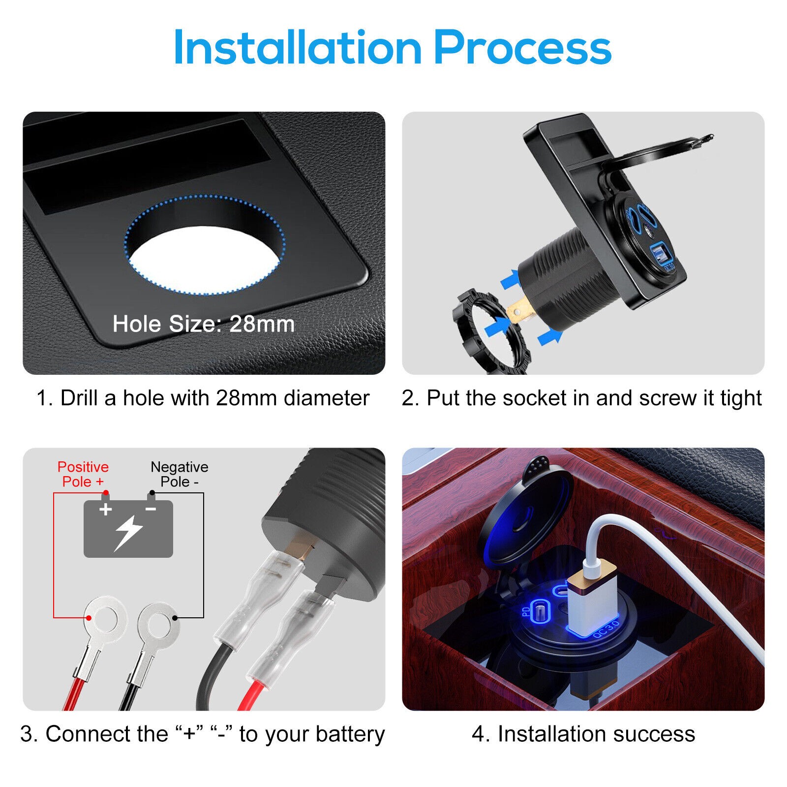 1Pcs Dual PD+QC 3.0 USB Port Car Cigarette Lighter Socket Plug LED Indicator