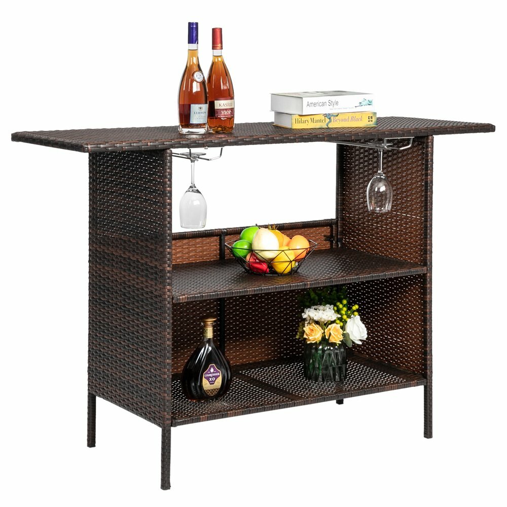 Outdoor Wicker Bar Table with 2 Shelves Rattan Counter Table for Backyard Garden