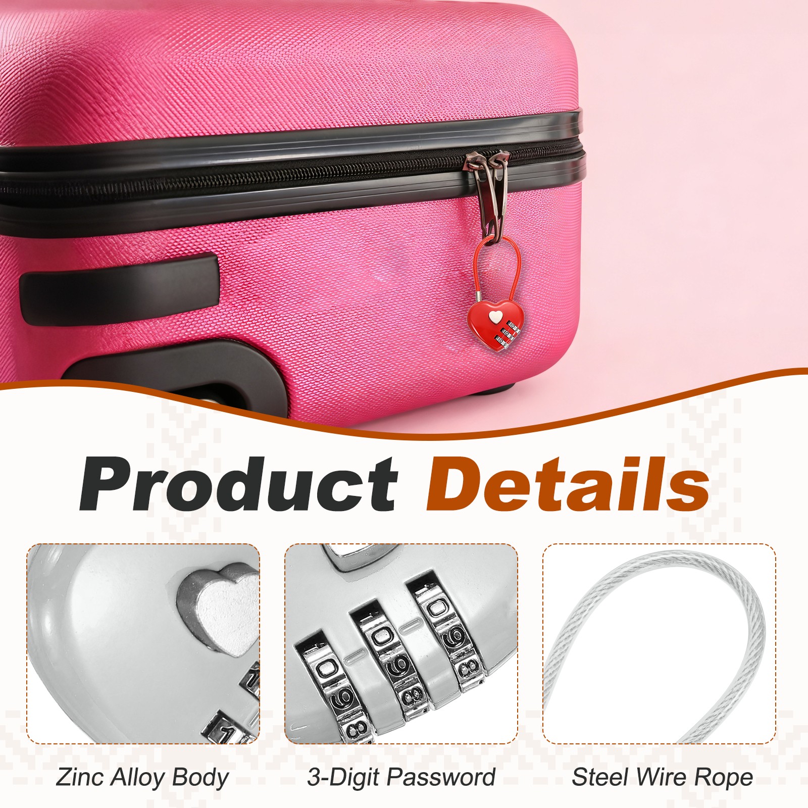 Combination Padlock (4.3 Inch, Grey)(2 Pcs), 3-Digit Heart Shaped Combo Padlock